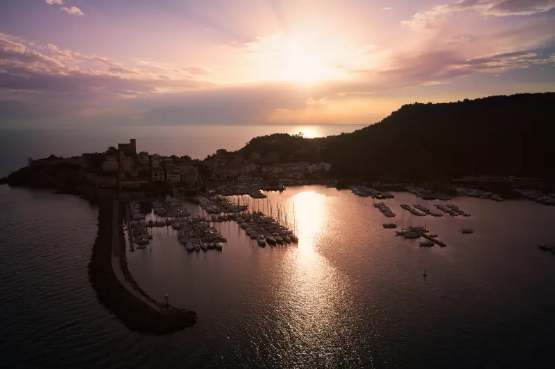 Aerial View Town Talamone Maremma Coast Tuscany Sunset