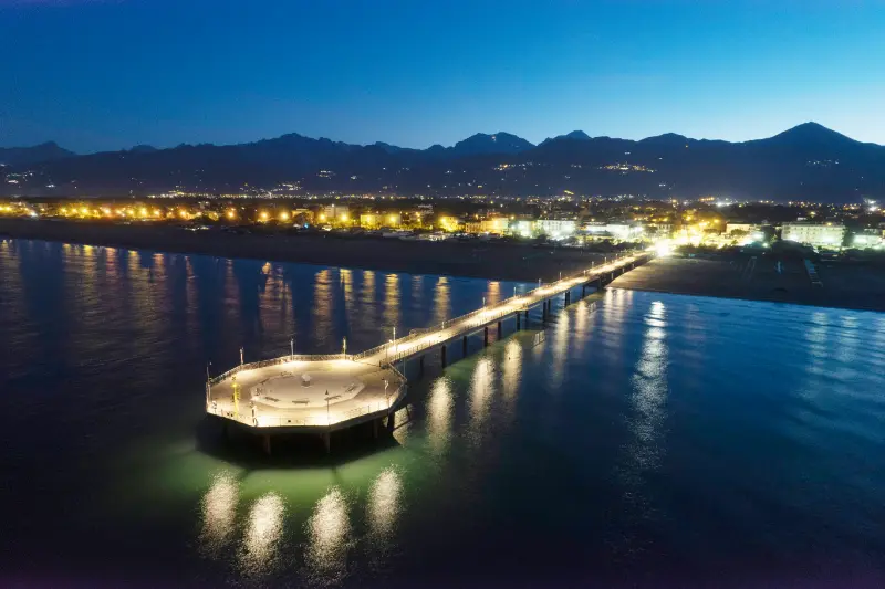 Marina Di Pietrasanta Pier At Night Aerial View Tuscany