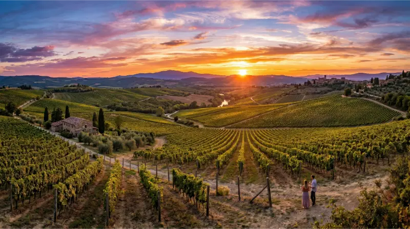 Tuscan vineyard at sunset