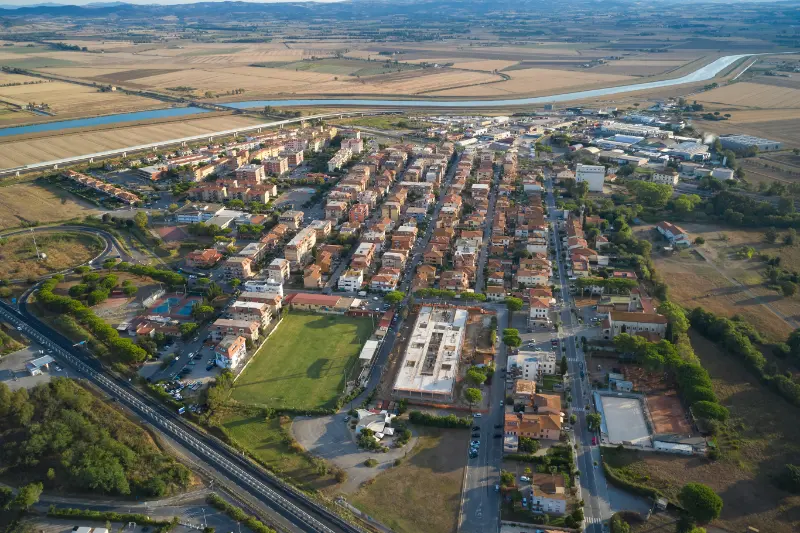 Vertical Aerial View Town Albinia Tuscany